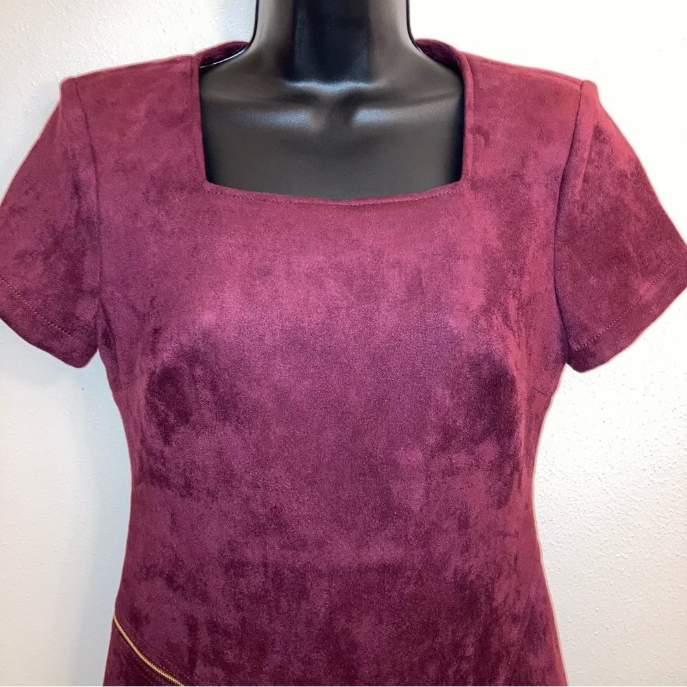 Calvin Klein Faux Suede Square Neck Asymmetrical Zip Short Sleeve Sheath Dress - Picture 7 of 15